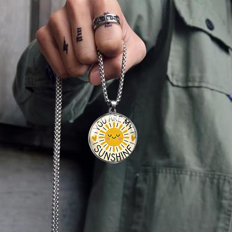 Men's Stainless Steel Round Pendant Necklace with Sun Pattern